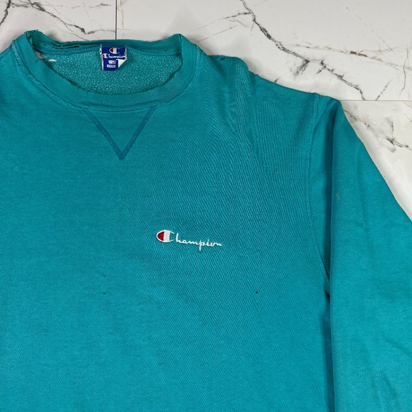 VINTAGE 90s CHAMPION CREW NECK SWEATSHIRT SZ XL TEAL BLUE THRASHED/FADED - Picture 8 of 12